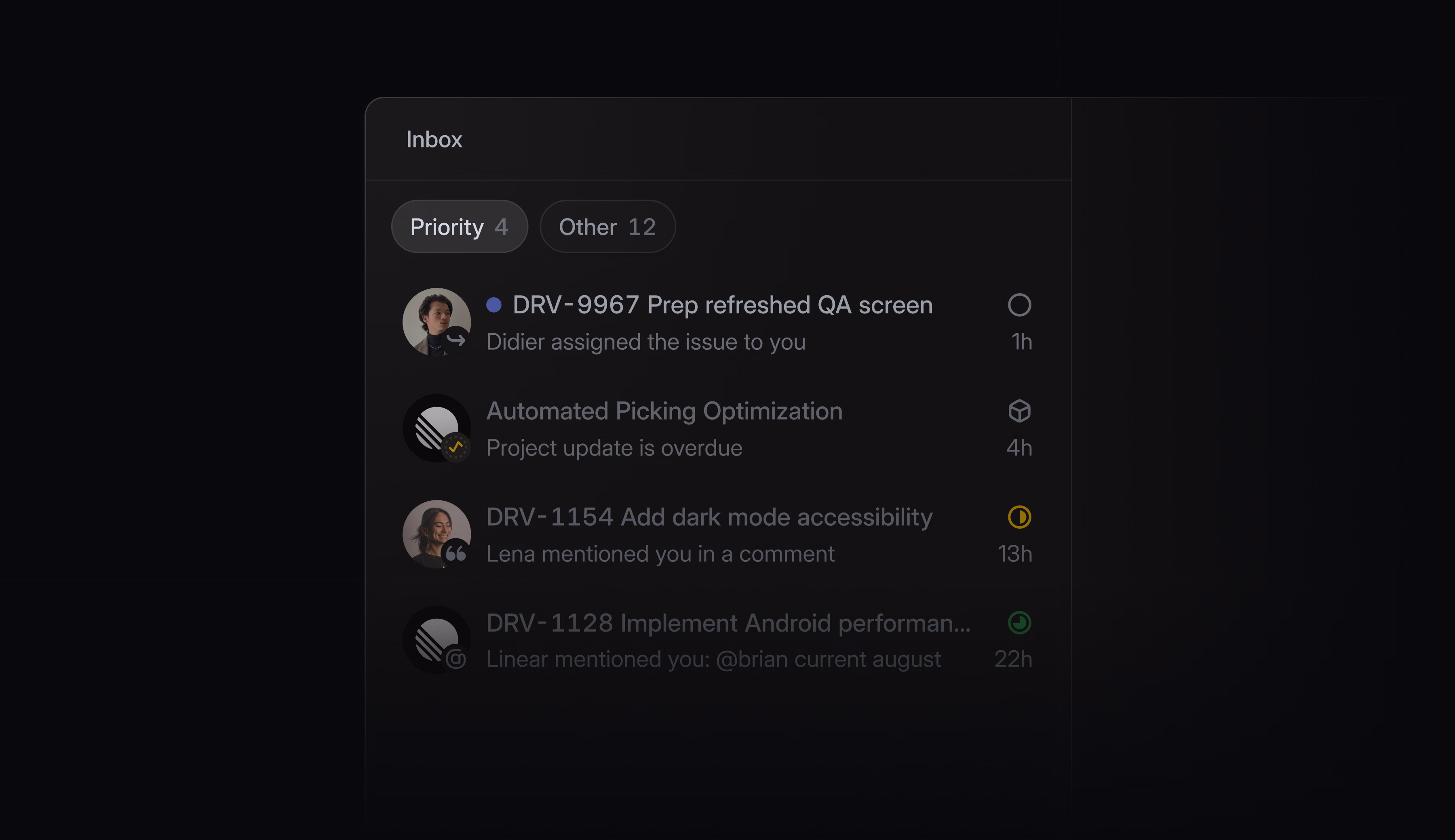 Linear Inbox in dark mode, showing Priority and Other tabs with several notifications about issue assignments, project updates, comments, and mentions.