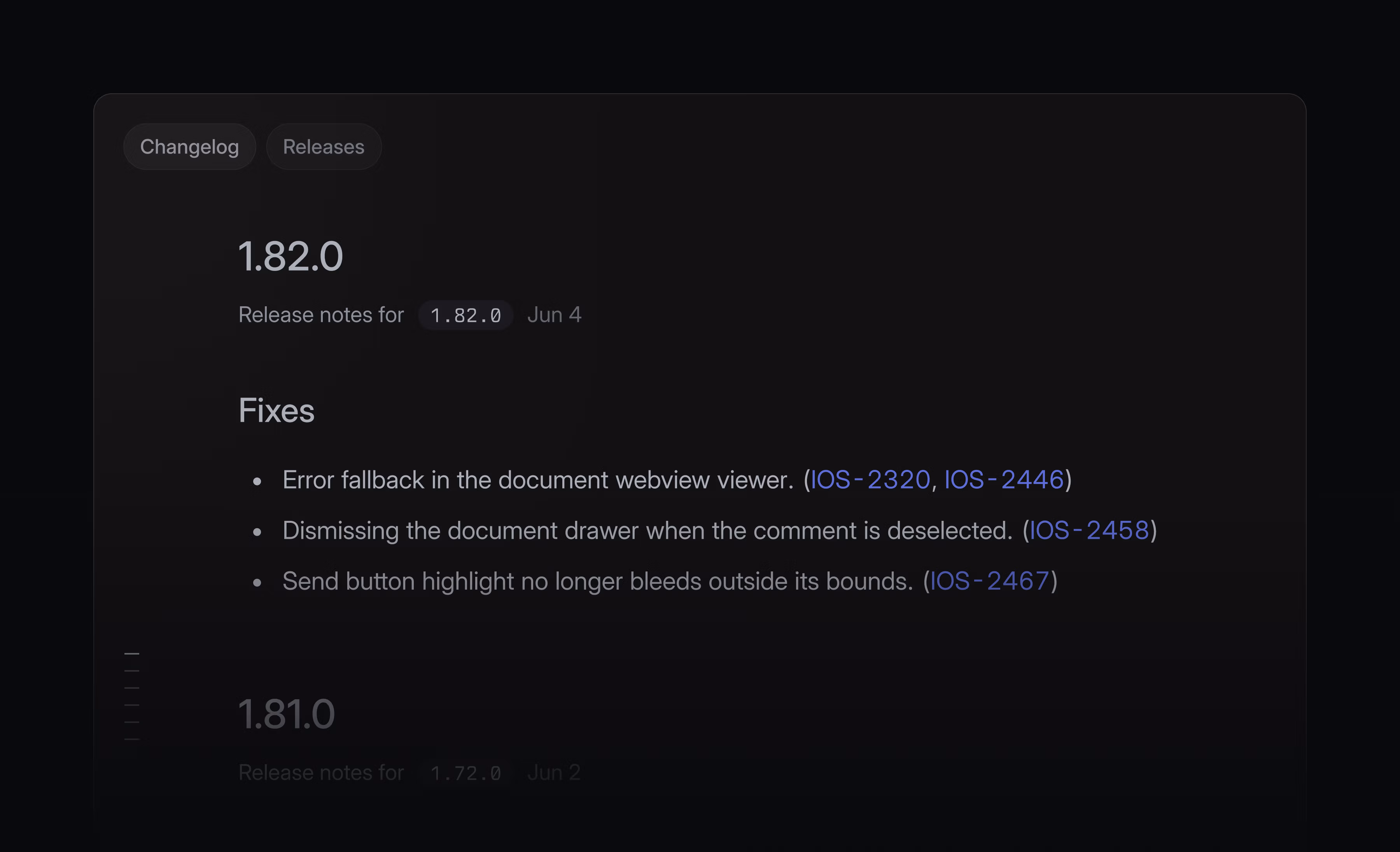release pipeline changelog for an iOS pipeline showing fixes in releases 1.81.0 and 1.82.0