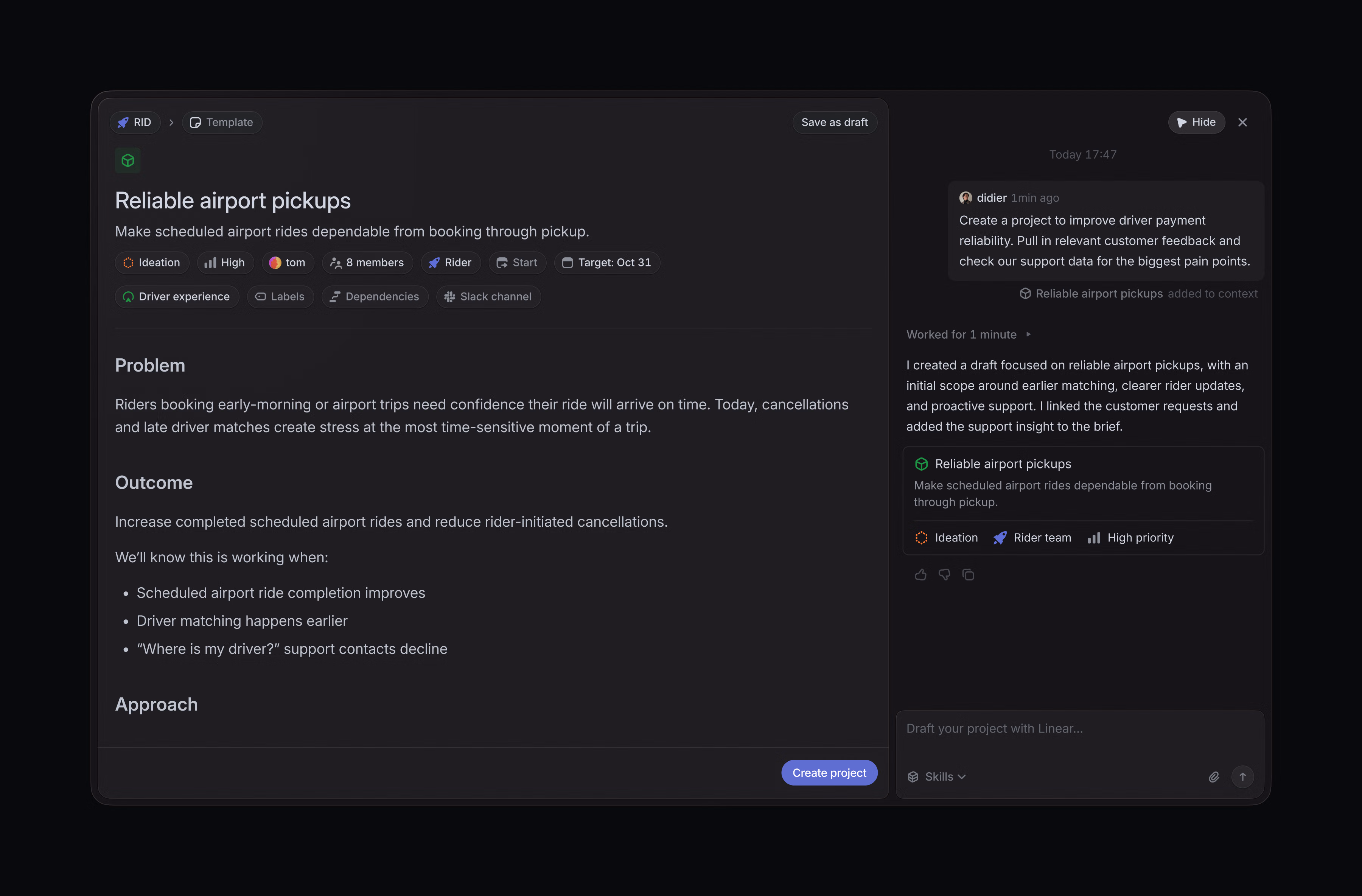 Linear’s AI project-drafting interface creating a “Reliable airport pickups” project, with a live chat panel and project brief fields.