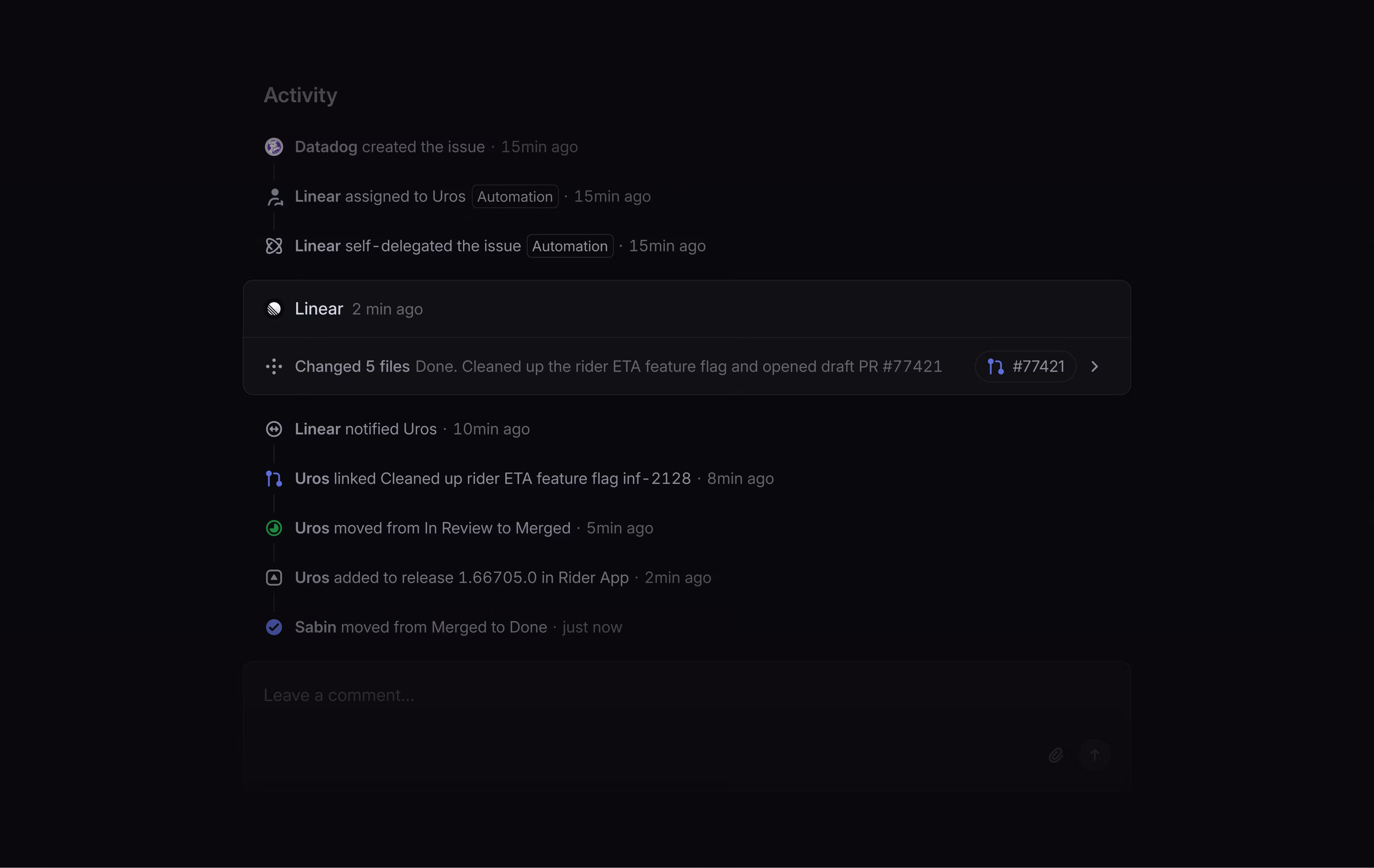 issue activity feed, showing a completed coding session