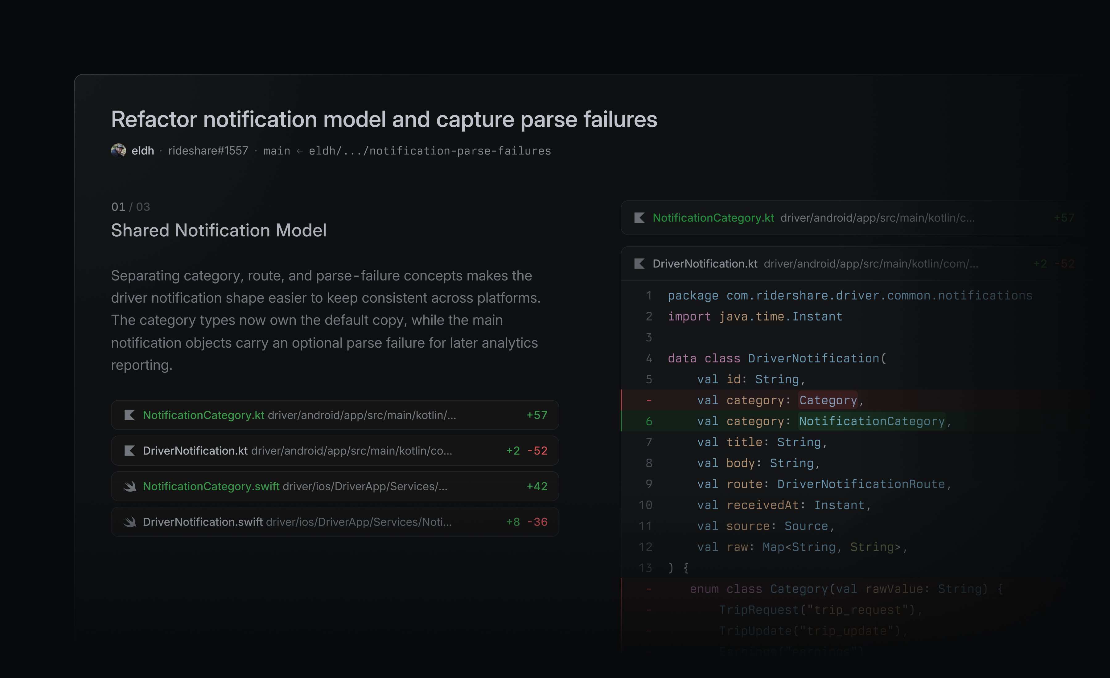 Guided Review for Diff on Refactor notification model and capture parse failures