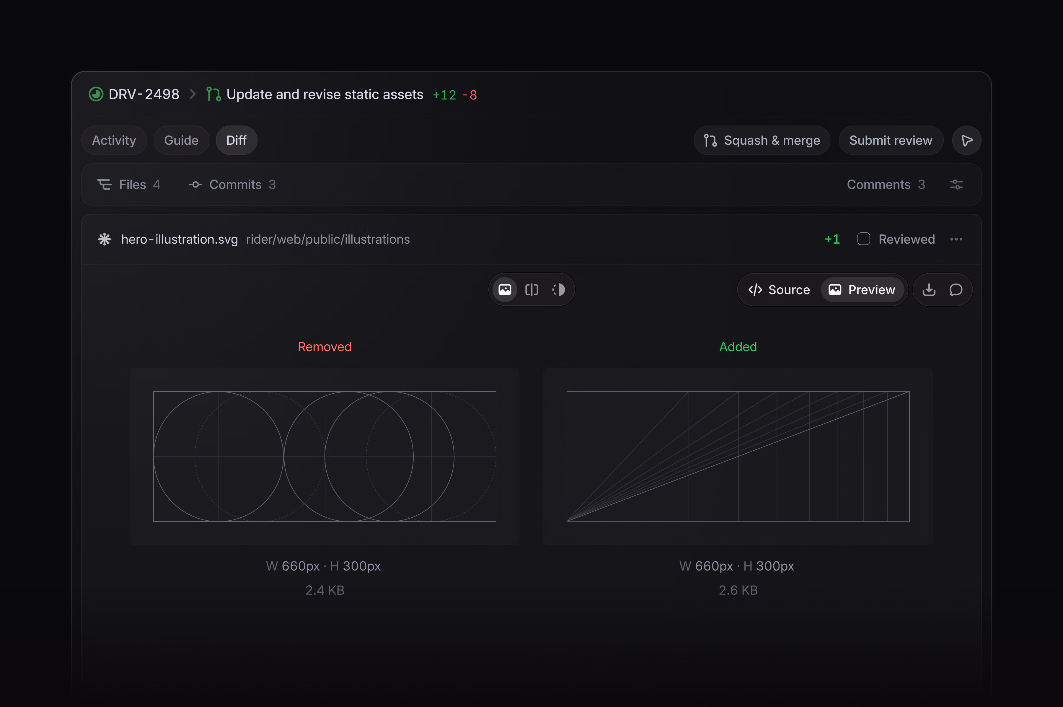 Code review diff for DRV-2498 showing an updated SVG asset, with removed and added illustration previews side by side.